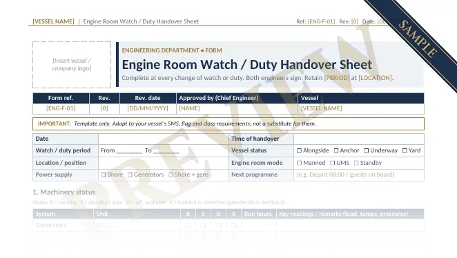 Watermarked sample of the title block of the Engine Room Watch Handover Sheet